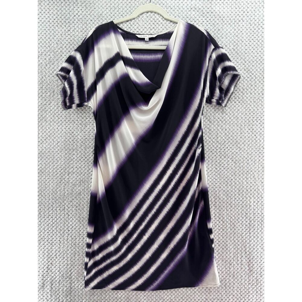 Trina Turk Dress Women 4 White Purple Striped Silk Tunic Cowl Neck Dolman Sleeve